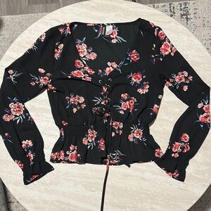 Forever 21 Black and Pink Tie Front Smocked Blouse